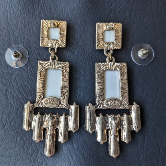 Kenneth Jay Lane KJL Art Deco Retro Cream Black Rhinestone Chandelier Earrings - Picture 9 of 11